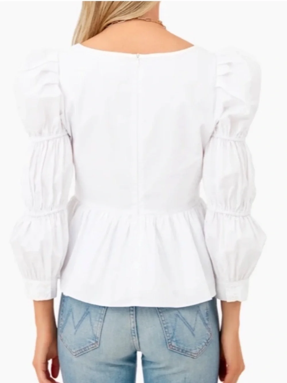 Tuckernuck White Square-Neck Peplum Blouse with Puff Sleeves